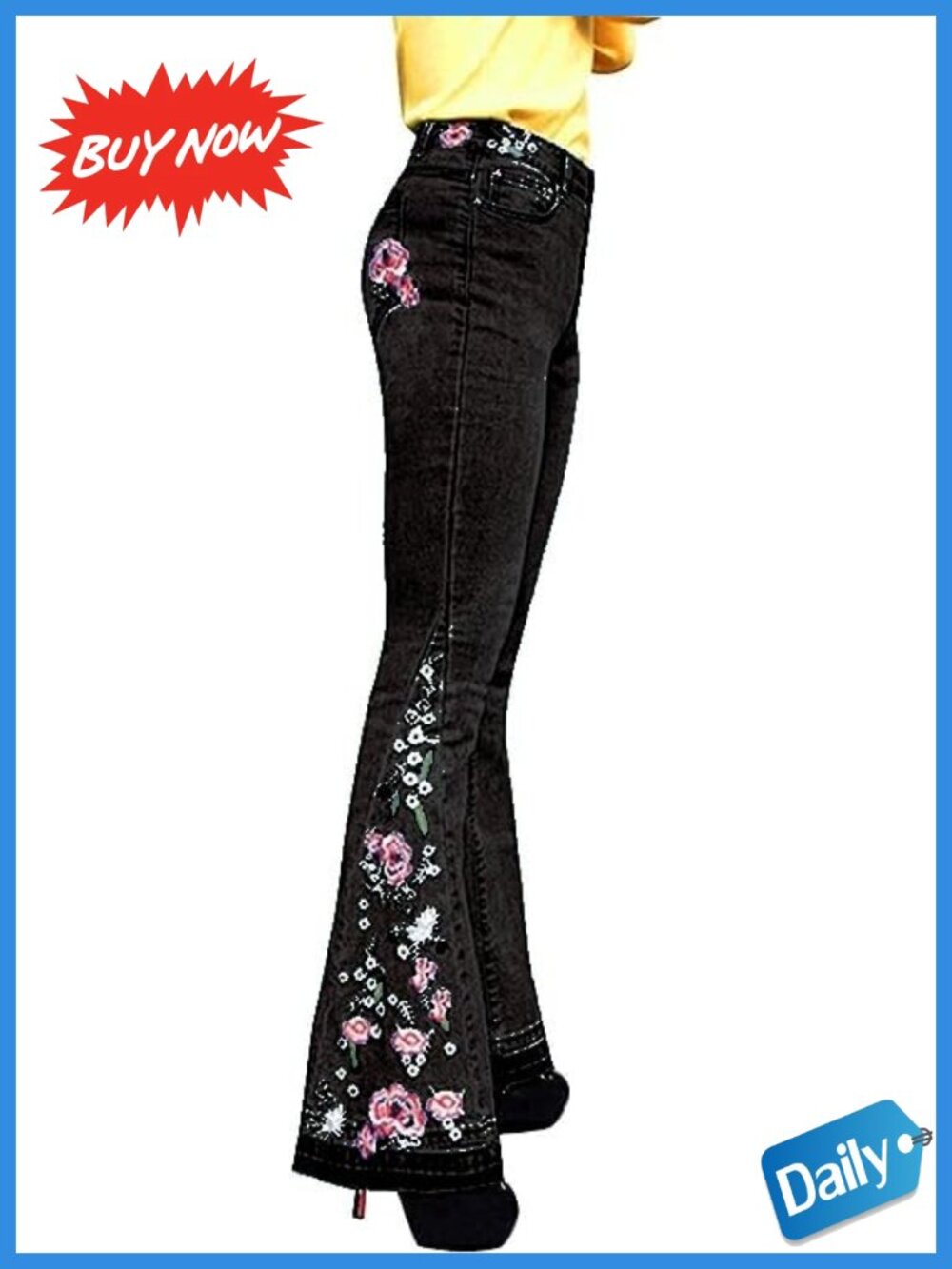 Women's High Waisted Flared Bell Bottom Embroidered Faux Denim Jeans